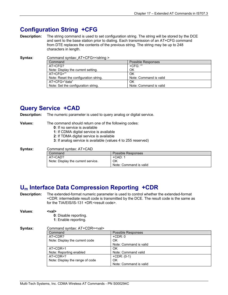 Configuration string +cfg, Query service +cad, Interface data compression reporting +cdr | Multi-Tech Systems CDMA Wireless Modem User Manual | Page 140 / 195