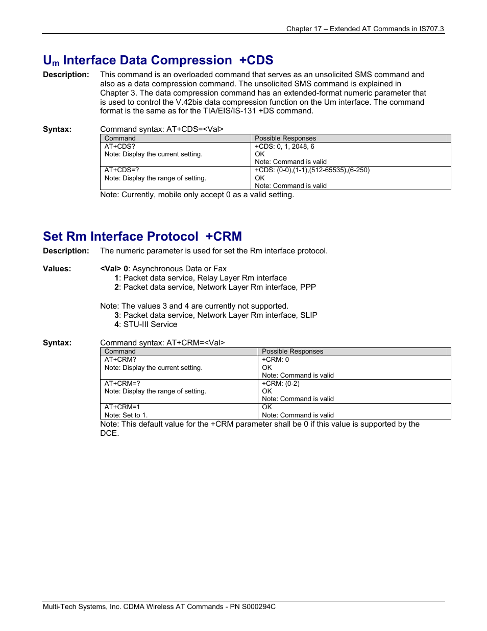 Interface data compression +cds, Set rm interface protocol +crm | Multi-Tech Systems CDMA Wireless Modem User Manual | Page 141 / 195