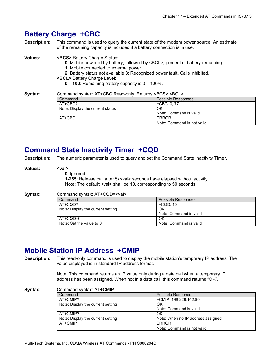 Battery charge +cbc, Command state inactivity timer +cqd, Mobile station ip address +cmip | Multi-Tech Systems CDMA Wireless Modem User Manual | Page 142 / 195