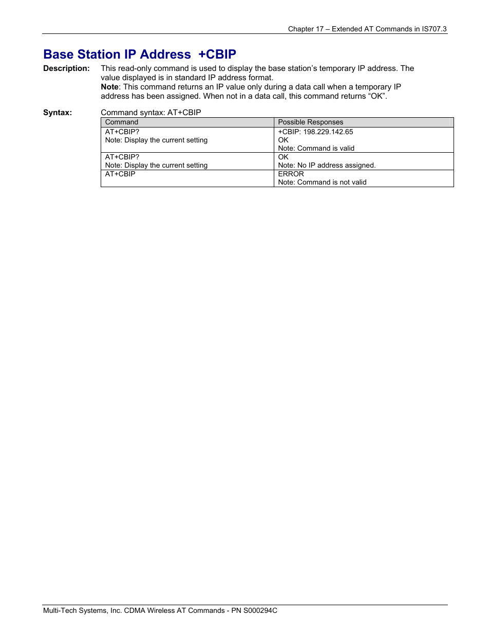 Base station ip address +cbip | Multi-Tech Systems CDMA Wireless Modem User Manual | Page 143 / 195