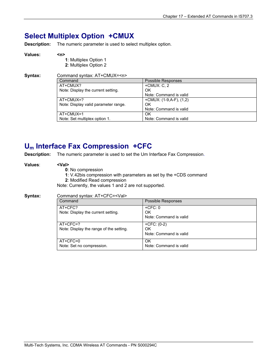 Select multiplex option +cmux, Interface fax compression +cfc | Multi-Tech Systems CDMA Wireless Modem User Manual | Page 145 / 195