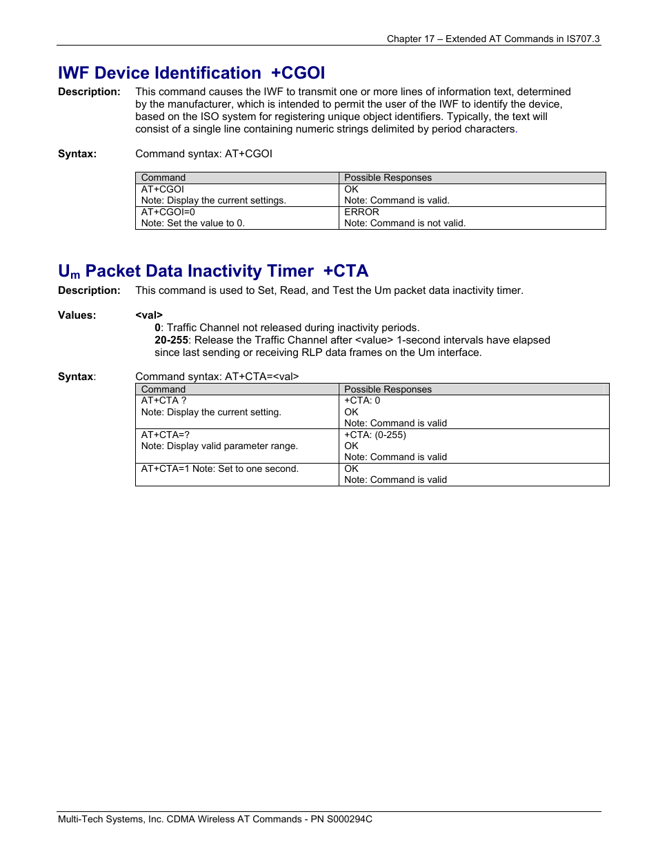 Iwf device identification +cgoi, Packet data inactivity timer +cta | Multi-Tech Systems CDMA Wireless Modem User Manual | Page 147 / 195
