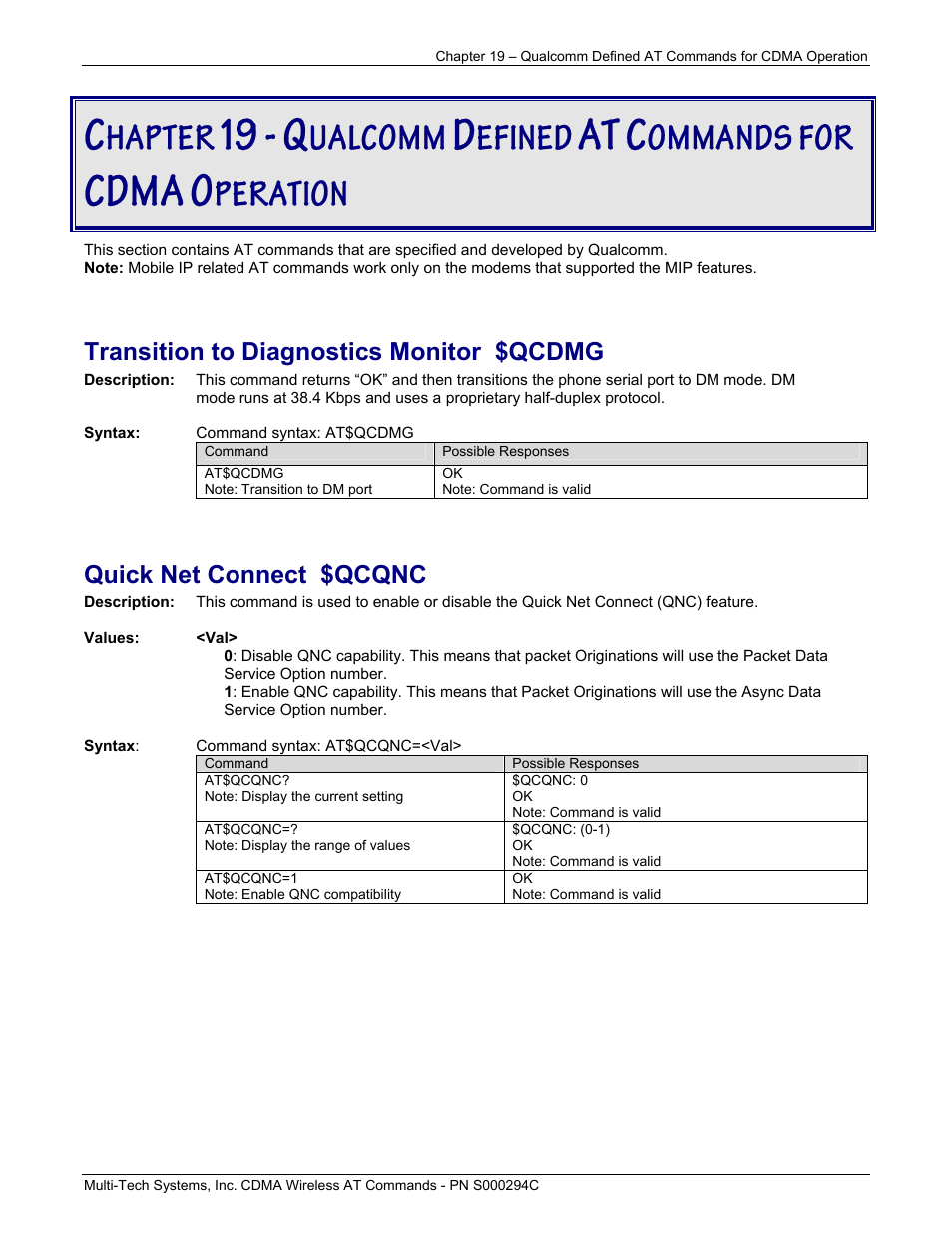 Cdma, Hapter, Ualcomm | Efined, Ommands for, Peration | Multi-Tech Systems CDMA Wireless Modem User Manual | Page 150 / 195