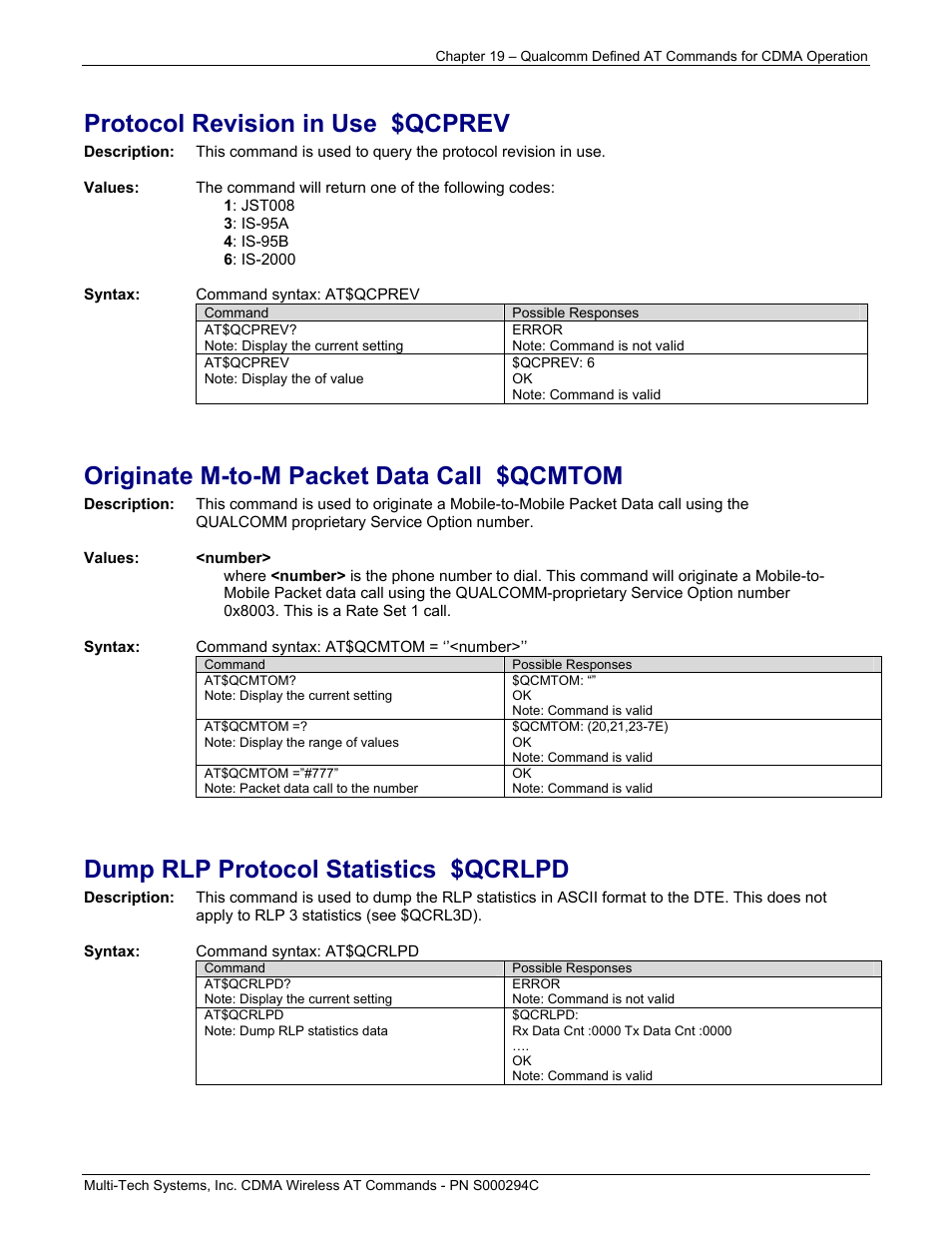Protocol revision in use $qcprev, Originate m-to-m packet data call $qcmtom, Dump rlp protocol statistics $qcrlpd | Multi-Tech Systems CDMA Wireless Modem User Manual | Page 151 / 195