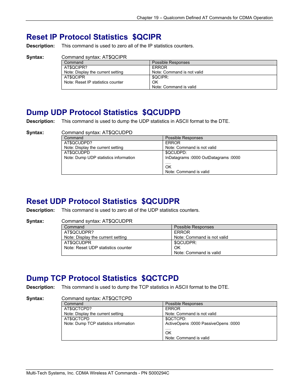 Reset ip protocol statistics $qcipr, Dump udp protocol statistics $qcudpd, Reset udp protocol statistics $qcudpr | Dump tcp protocol statistics $qctcpd | Multi-Tech Systems CDMA Wireless Modem User Manual | Page 153 / 195