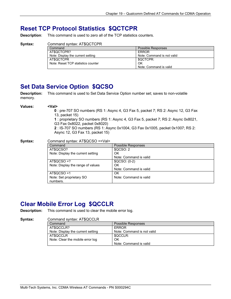 Reset tcp protocol statistics $qctcpr, Set data service option $qcso, Clear mobile error log $qcclr | Multi-Tech Systems CDMA Wireless Modem User Manual | Page 154 / 195
