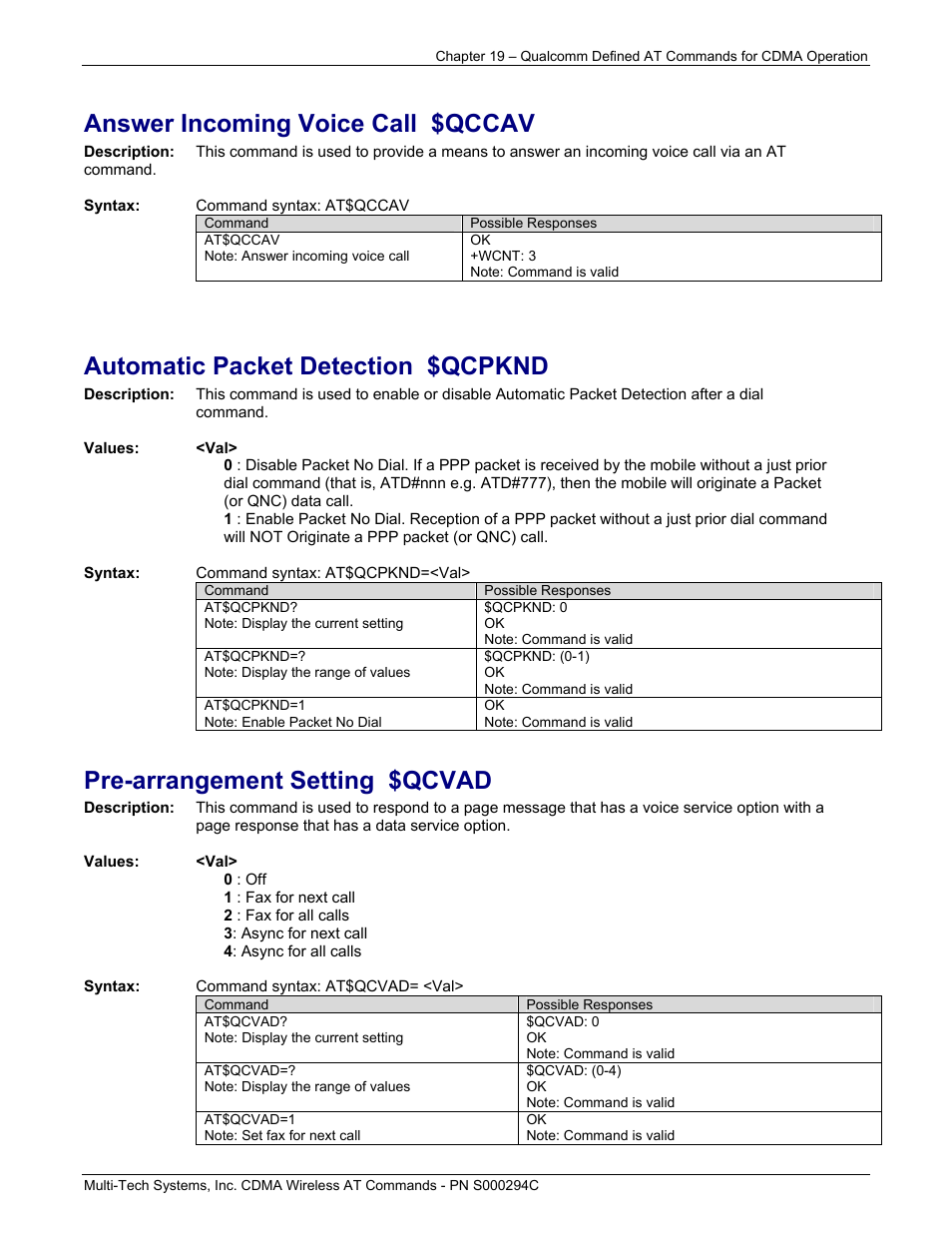 Answer incoming voice call $qccav, Automatic packet detection $qcpknd, Pre-arrangement setting $qcvad | Multi-Tech Systems CDMA Wireless Modem User Manual | Page 155 / 195