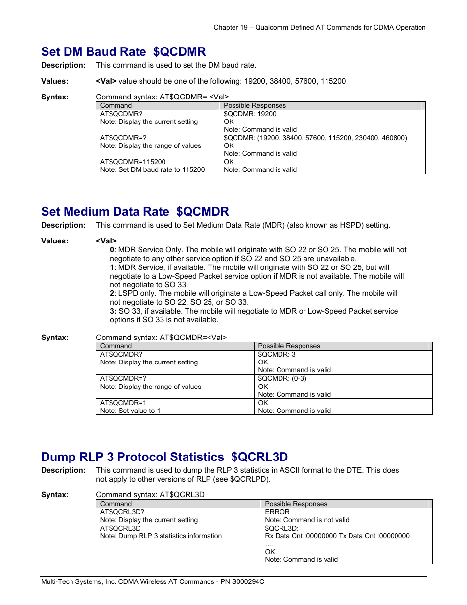 Set dm baud rate $qcdmr, Set medium data rate $qcmdr, Dump rlp 3 protocol statistics $qcrl3d | Multi-Tech Systems CDMA Wireless Modem User Manual | Page 156 / 195