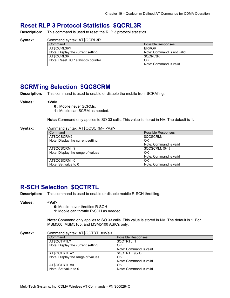 Reset rlp 3 protocol statistics $qcrl3r, Scrm’ing selection $qcscrm, R-sch selection $qctrtl | Multi-Tech Systems CDMA Wireless Modem User Manual | Page 157 / 195