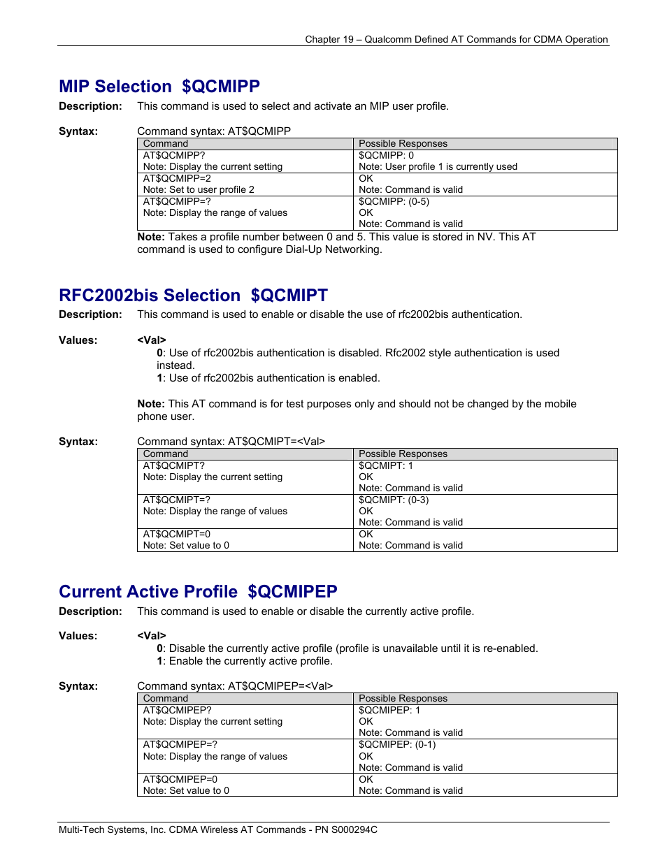 Mip selection $qcmipp, Rfc2002bis selection $qcmipt, Current active profile $qcmipep | Multi-Tech Systems CDMA Wireless Modem User Manual | Page 159 / 195