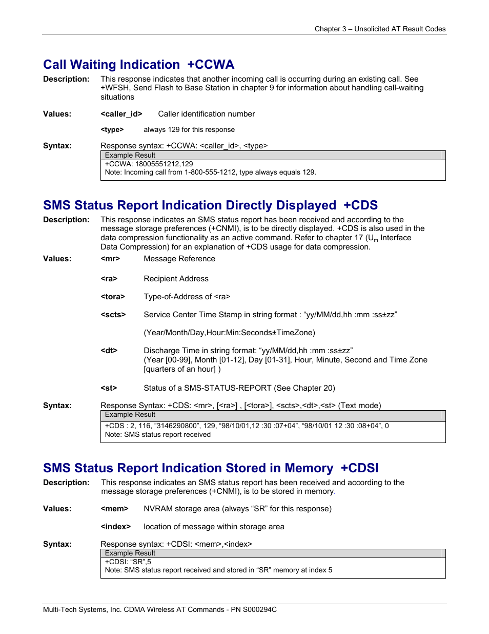 Call waiting indication +ccwa | Multi-Tech Systems CDMA Wireless Modem User Manual | Page 16 / 195