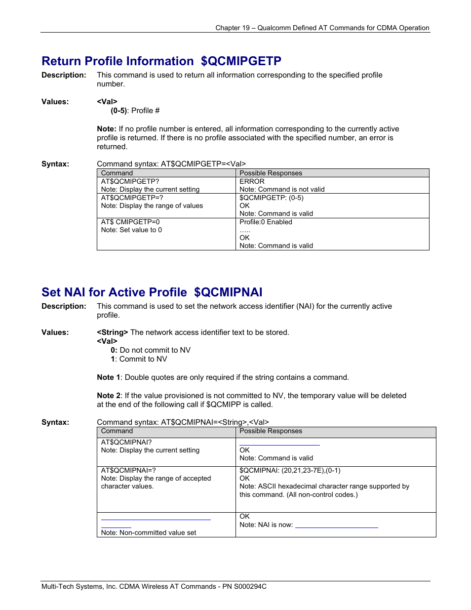 Return profile information $qcmipgetp, Set nai for active profile $qcmipnai | Multi-Tech Systems CDMA Wireless Modem User Manual | Page 160 / 195