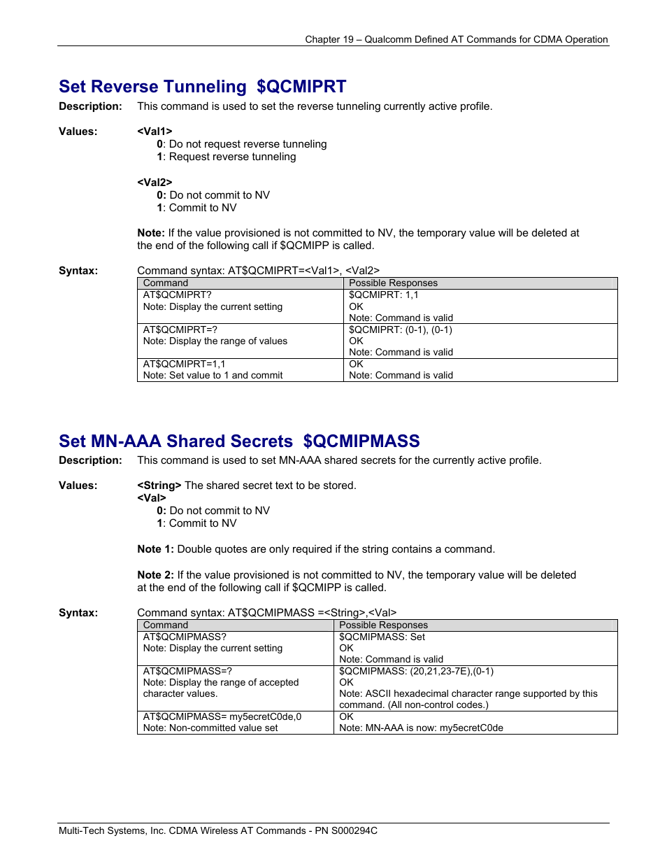 Set reverse tunneling $qcmiprt, Set mn-aaa shared secrets $qcmipmass | Multi-Tech Systems CDMA Wireless Modem User Manual | Page 161 / 195