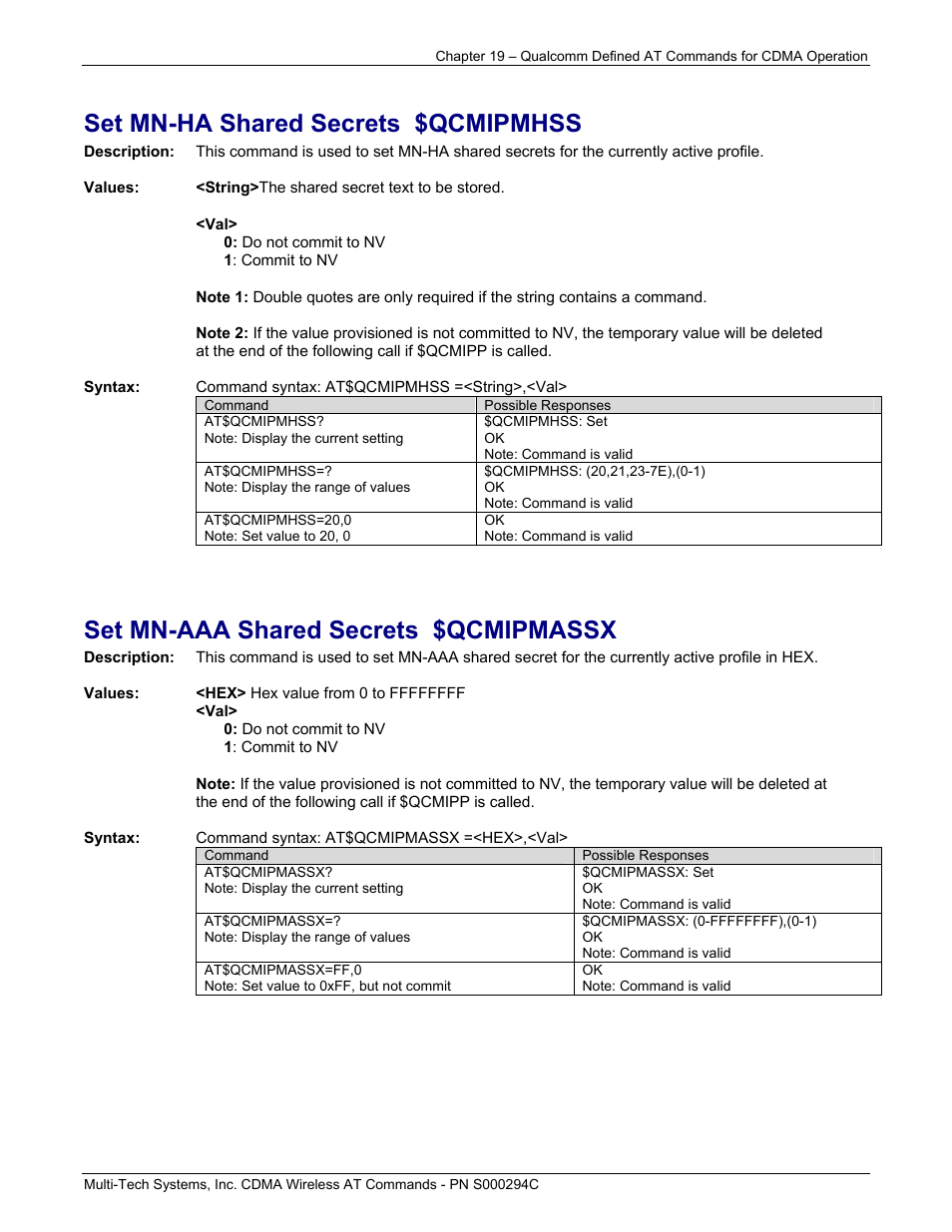 Set mn-ha shared secrets $qcmipmhss, Set mn-aaa shared secrets $qcmipmassx | Multi-Tech Systems CDMA Wireless Modem User Manual | Page 162 / 195