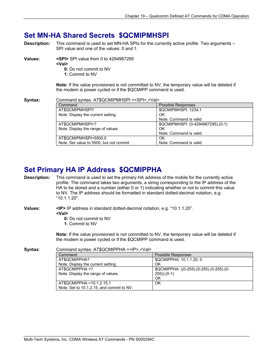 Set mn-ha shared secrets $qcmipmhspi, Set primary ha ip address $qcmippha | Multi-Tech Systems CDMA Wireless Modem User Manual | Page 164 / 195