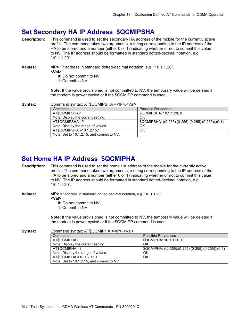 Set secondary ha ip address $qcmipsha, Set home ha ip address $qcmipha | Multi-Tech Systems CDMA Wireless Modem User Manual | Page 165 / 195