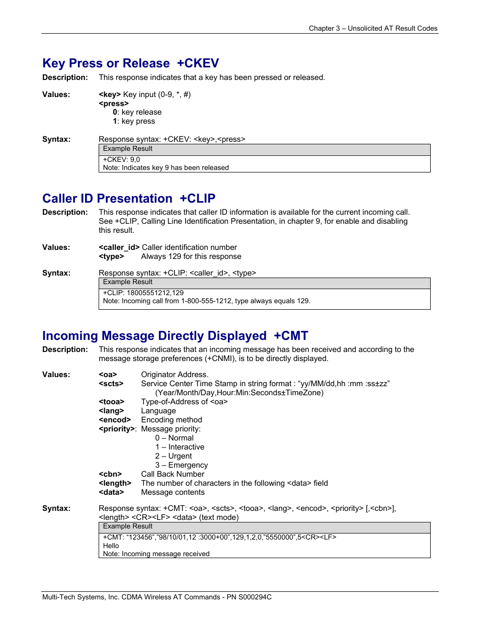 Key press or release +ckev, Caller id presentation +clip, Incoming message directly displayed +cmt | Multi-Tech Systems CDMA Wireless Modem User Manual | Page 17 / 195