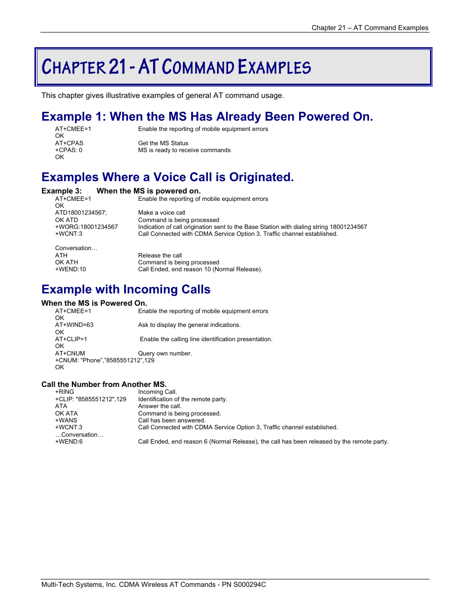 Hapter, Ommand, Xamples | Example 1: when the ms has already been powered on, Examples where a voice call is originated, Example with incoming calls | Multi-Tech Systems CDMA Wireless Modem User Manual | Page 171 / 195