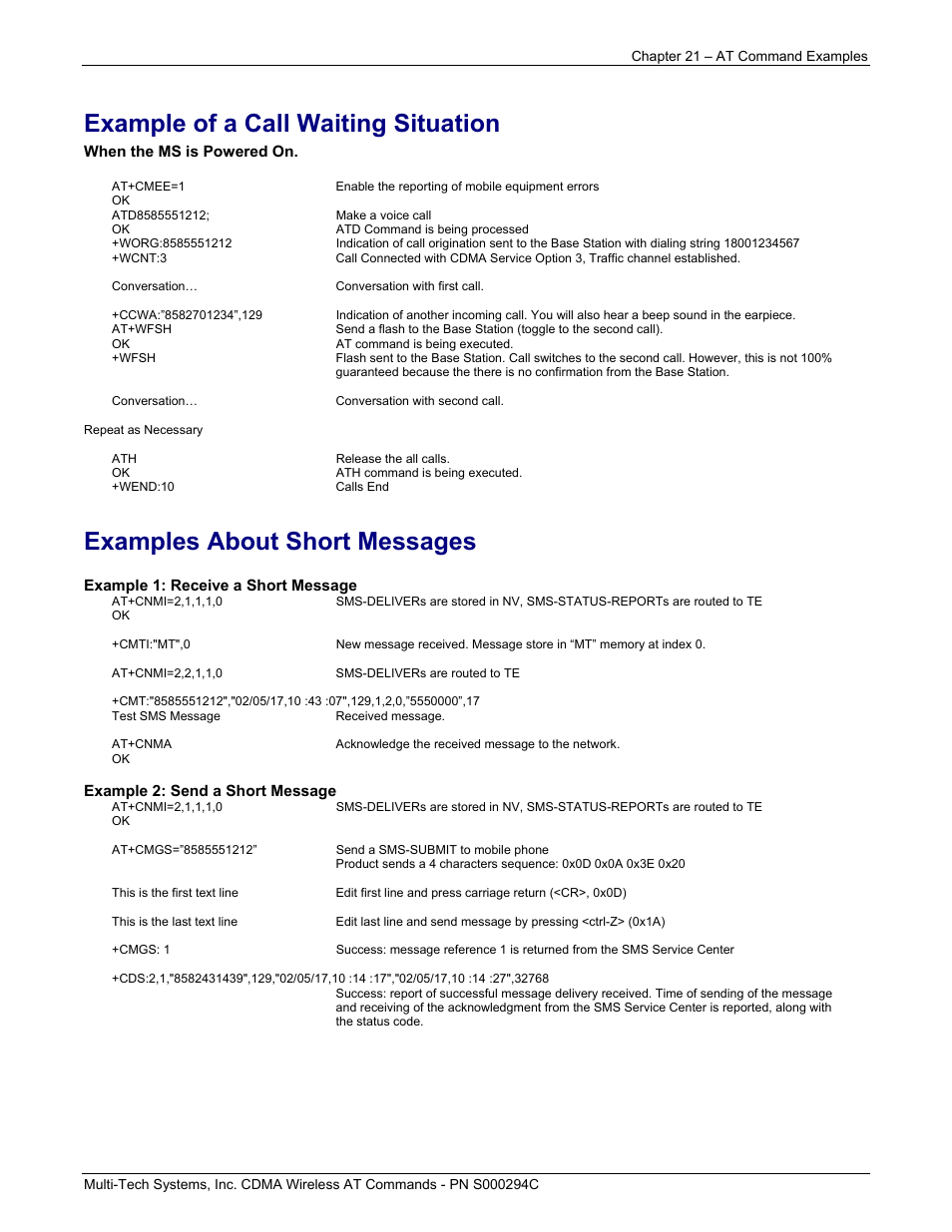 Example of a call waiting situation, Examples about short messages | Multi-Tech Systems CDMA Wireless Modem User Manual | Page 172 / 195