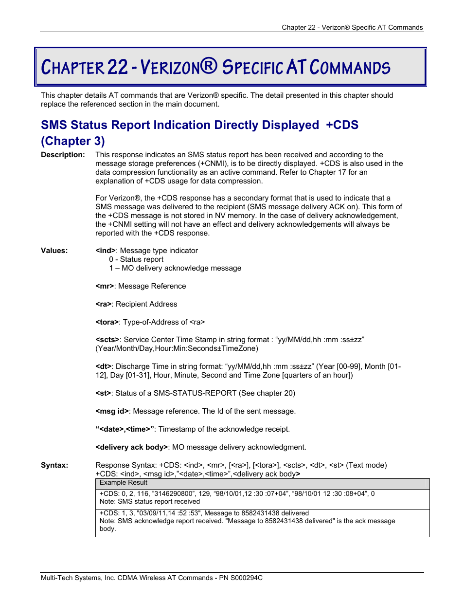 Hapter, Erizon, Pecific | Ommands | Multi-Tech Systems CDMA Wireless Modem User Manual | Page 174 / 195