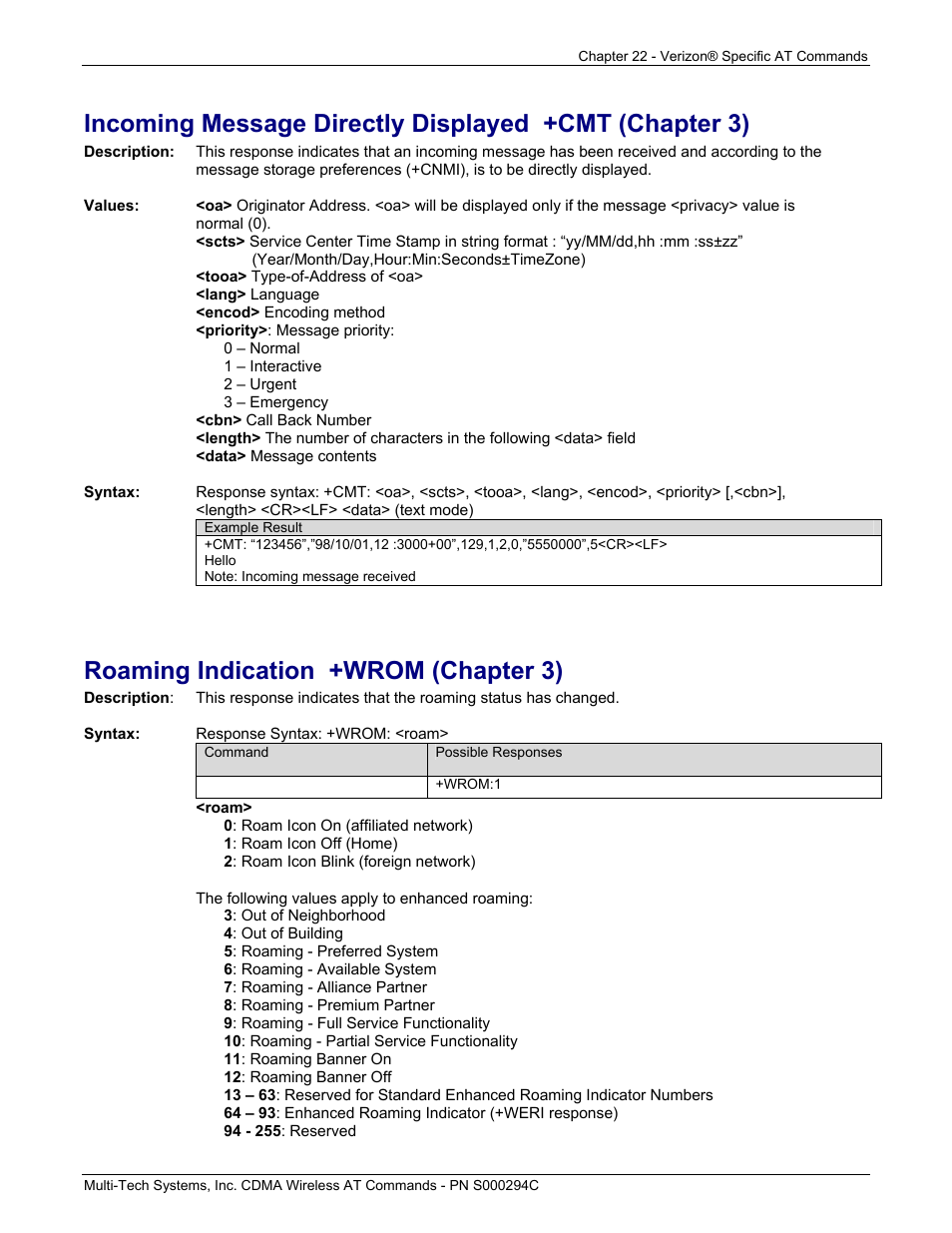 Roaming indication +wrom (chapter 3) | Multi-Tech Systems CDMA Wireless Modem User Manual | Page 175 / 195