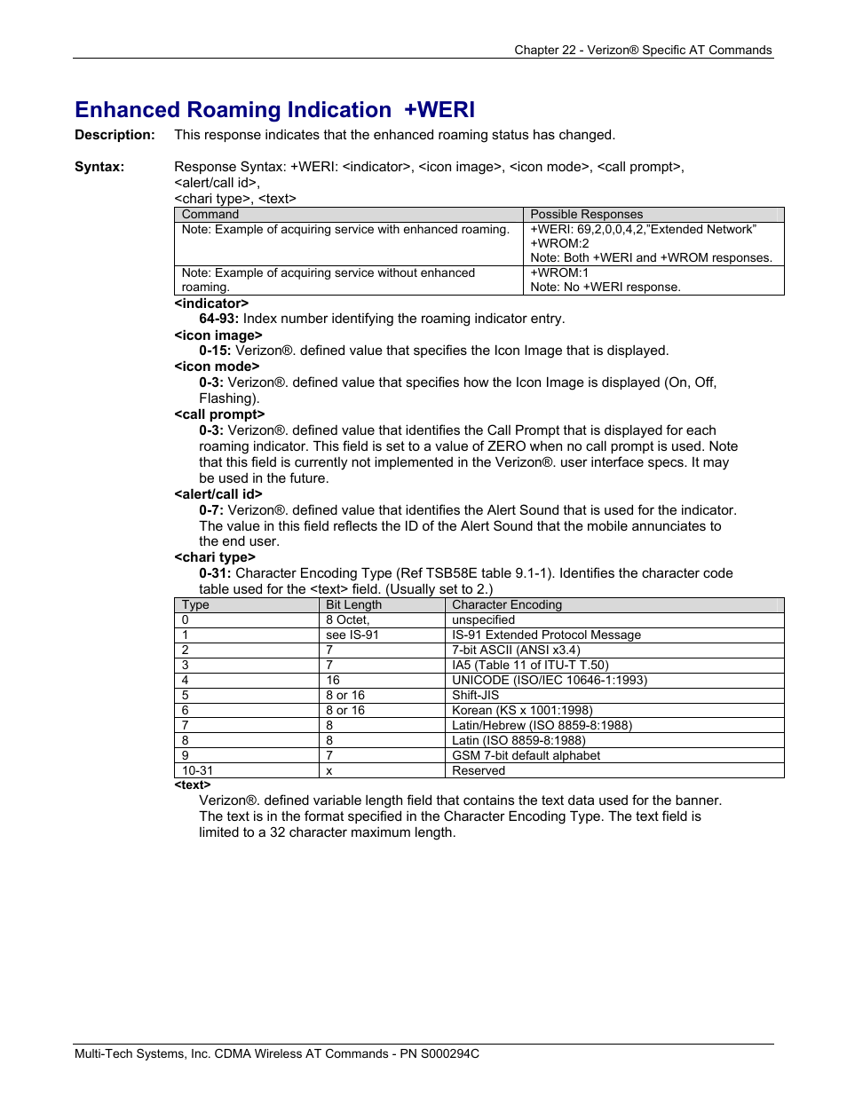 Enhanced roaming indication +weri | Multi-Tech Systems CDMA Wireless Modem User Manual | Page 176 / 195