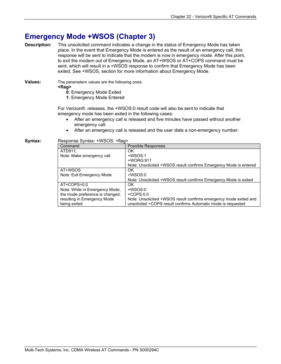 Emergency mode +wsos (chapter 3) | Multi-Tech Systems CDMA Wireless Modem User Manual | Page 177 / 195