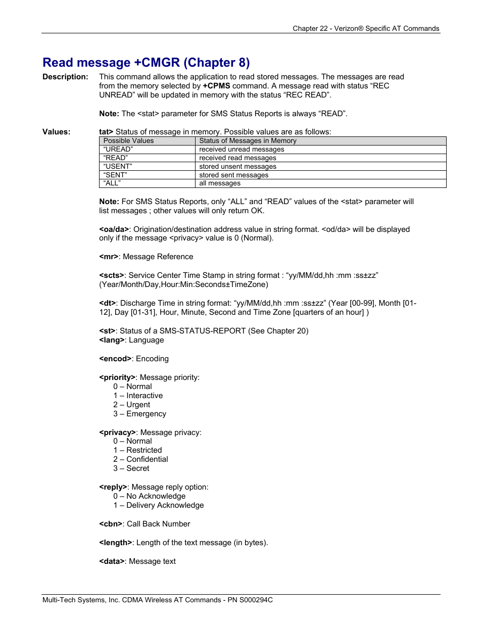 Read message +cmgr (chapter 8) | Multi-Tech Systems CDMA Wireless Modem User Manual | Page 178 / 195