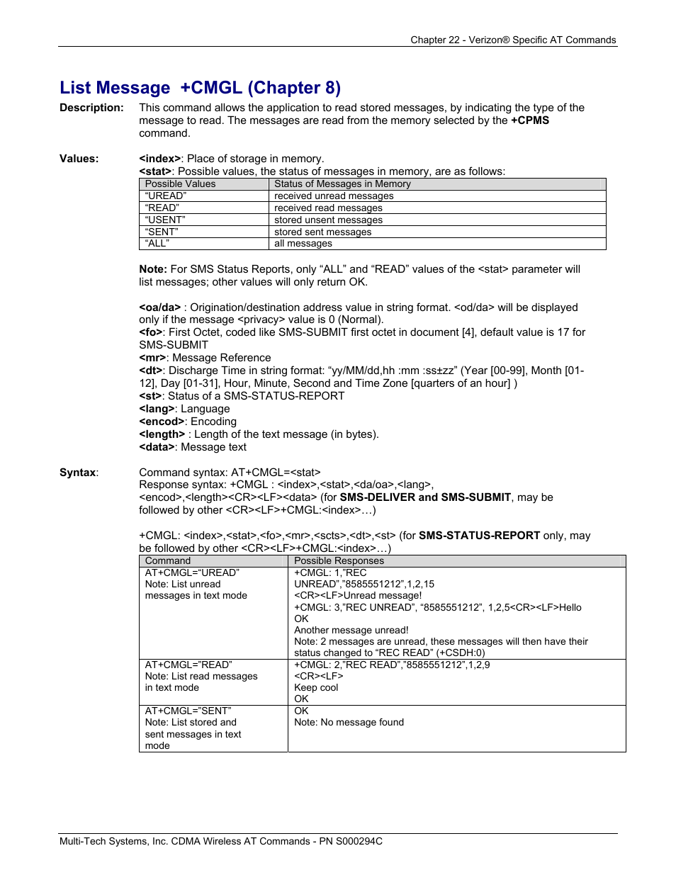 List message +cmgl (chapter 8) | Multi-Tech Systems CDMA Wireless Modem User Manual | Page 180 / 195