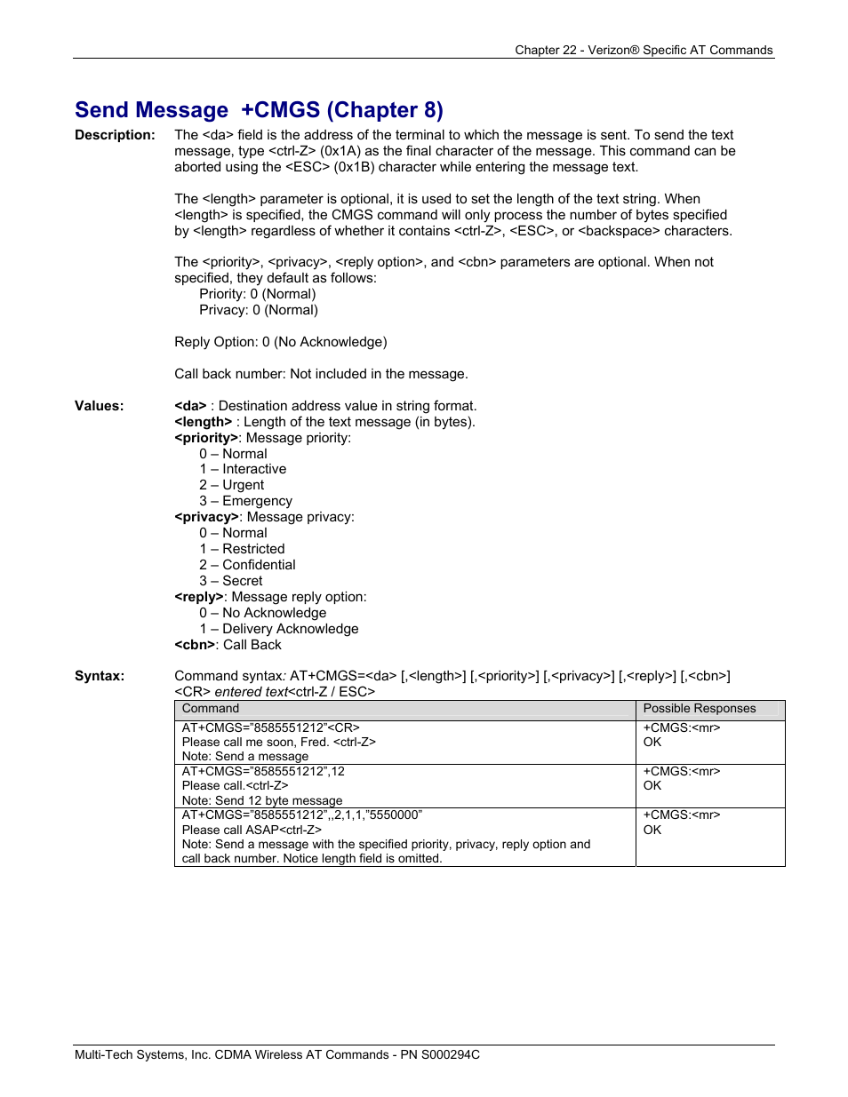 Send message +cmgs (chapter 8) | Multi-Tech Systems CDMA Wireless Modem User Manual | Page 181 / 195