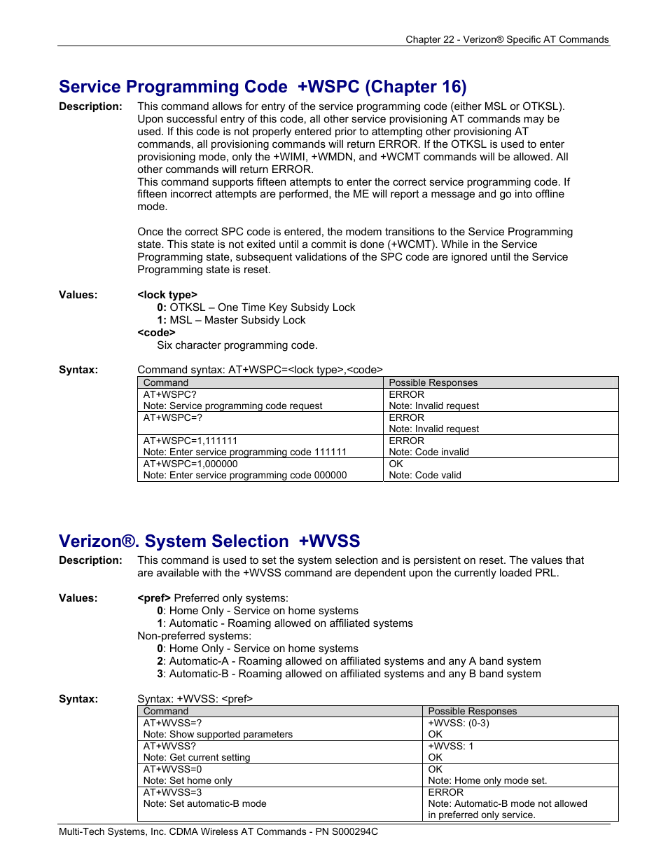 Service programming code +wspc (chapter 16), Verizon®. system selection +wvss | Multi-Tech Systems CDMA Wireless Modem User Manual | Page 183 / 195