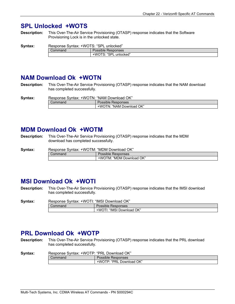 Spl unlocked +wots, Nam download ok +wotn, Mdm download ok +wotm | Msi download ok +woti, Prl download ok +wotp | Multi-Tech Systems CDMA Wireless Modem User Manual | Page 185 / 195