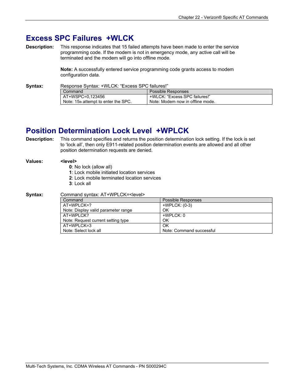 Excess spc failures +wlck, Position determination lock level +wplck | Multi-Tech Systems CDMA Wireless Modem User Manual | Page 186 / 195