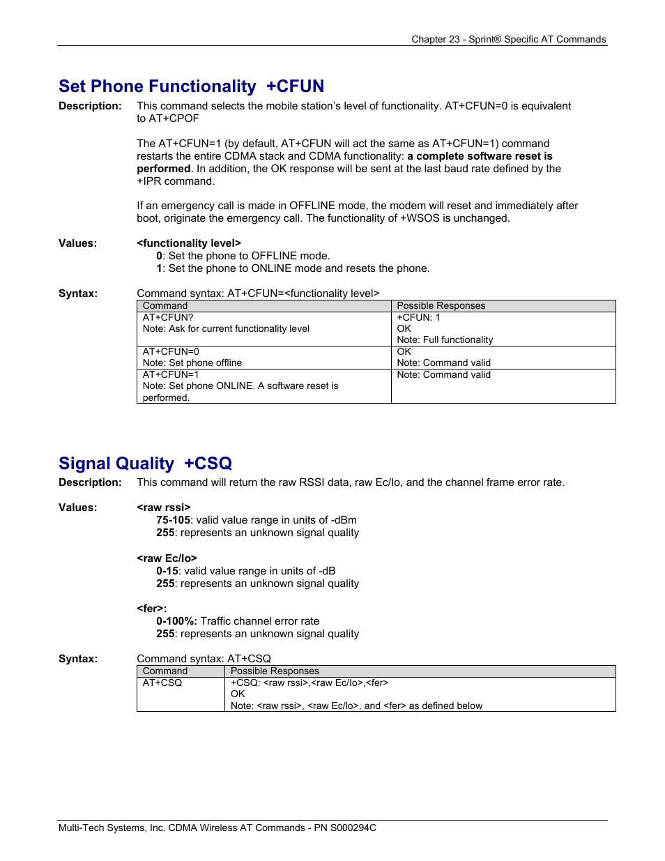 Set phone functionality +cfun, Signal quality +csq | Multi-Tech Systems CDMA Wireless Modem User Manual | Page 188 / 195