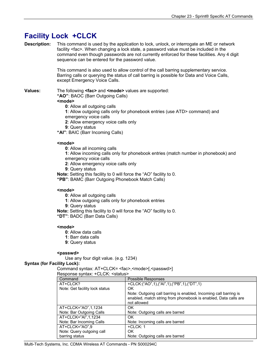 Facility lock +clck | Multi-Tech Systems CDMA Wireless Modem User Manual | Page 189 / 195