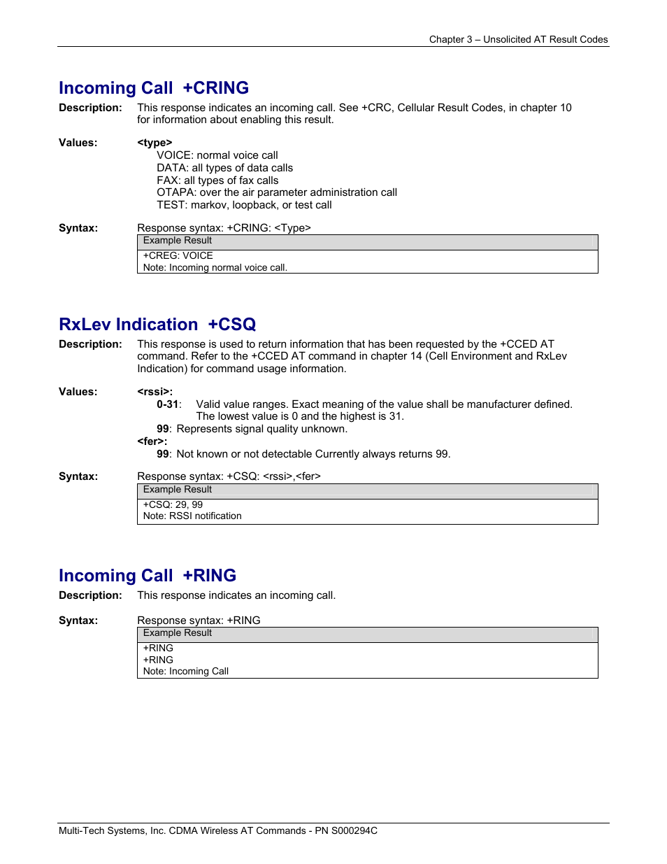 Incoming call +cring, Rxlev indication +csq, Incoming call +ring | Multi-Tech Systems CDMA Wireless Modem User Manual | Page 19 / 195