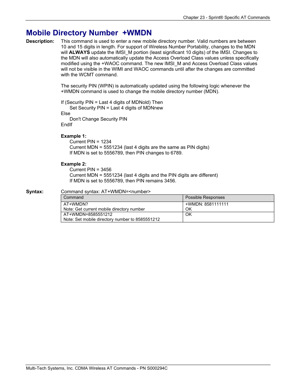 Mobile directory number +wmdn | Multi-Tech Systems CDMA Wireless Modem User Manual | Page 190 / 195