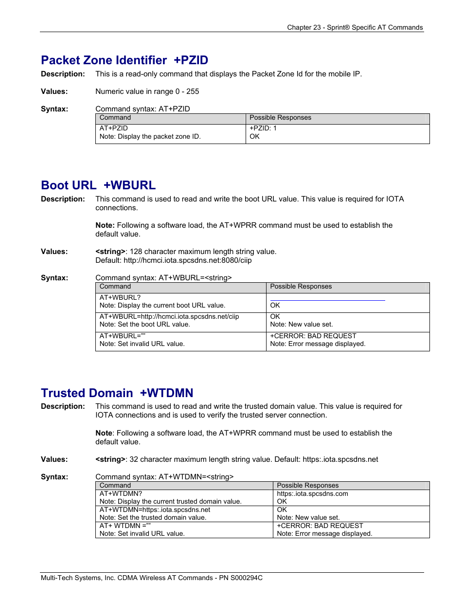 Packet zone identifier +pzid, Boot url +wburl, Trusted domain +wtdmn | Multi-Tech Systems CDMA Wireless Modem User Manual | Page 192 / 195