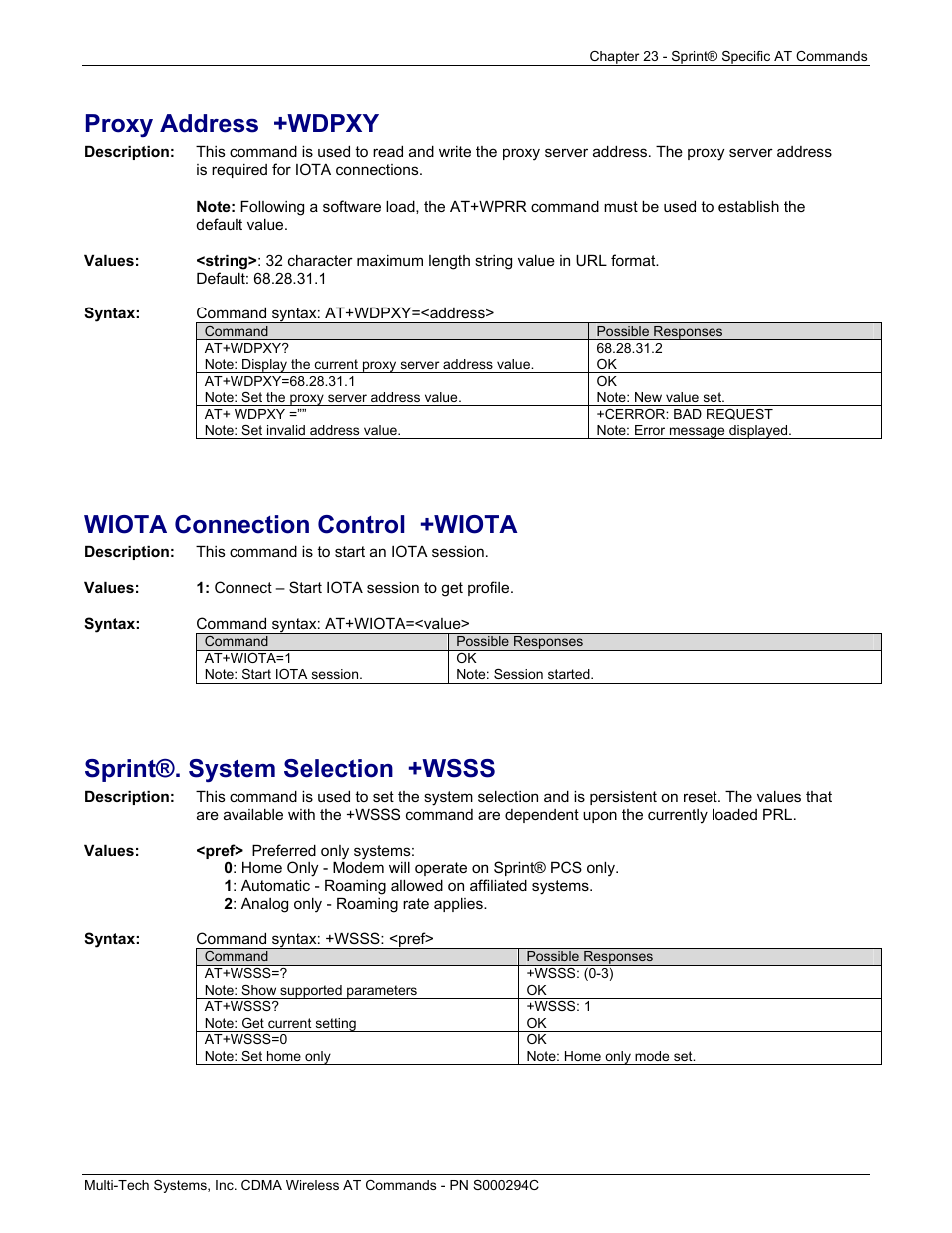 Proxy address +wdpxy, Wiota connection control +wiota, Sprint®. system selection +wsss | Multi-Tech Systems CDMA Wireless Modem User Manual | Page 193 / 195