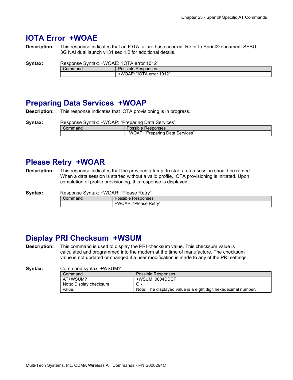 Iota error +woae, Preparing data services +woap, Please retry +woar | Display pri checksum +wsum | Multi-Tech Systems CDMA Wireless Modem User Manual | Page 194 / 195
