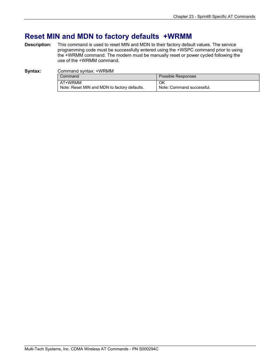 Reset min and mdn to factory defaults +wrmm | Multi-Tech Systems CDMA Wireless Modem User Manual | Page 195 / 195