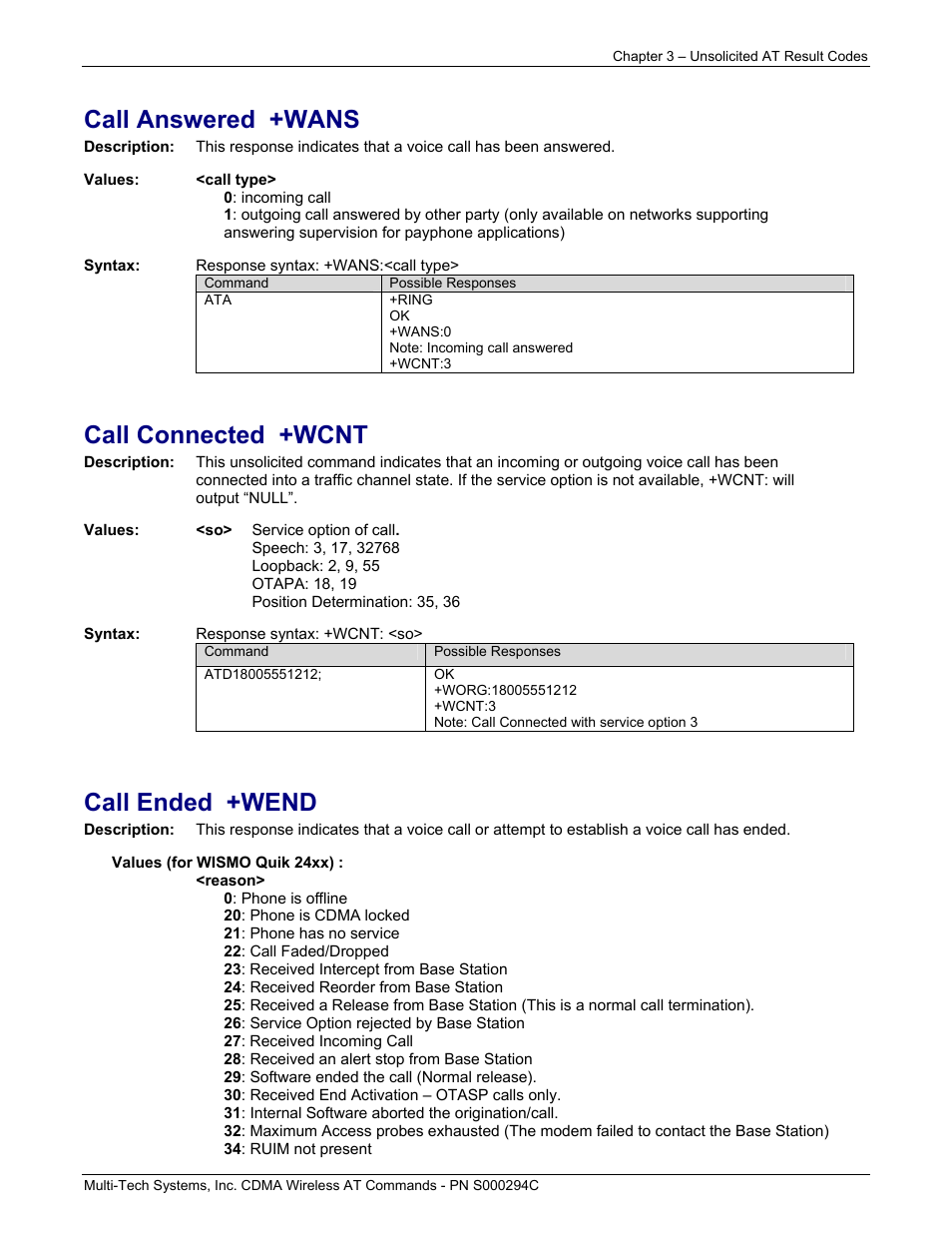 Call answered +wans, Call connected +wcnt, Call ended +wend | Multi-Tech Systems CDMA Wireless Modem User Manual | Page 20 / 195