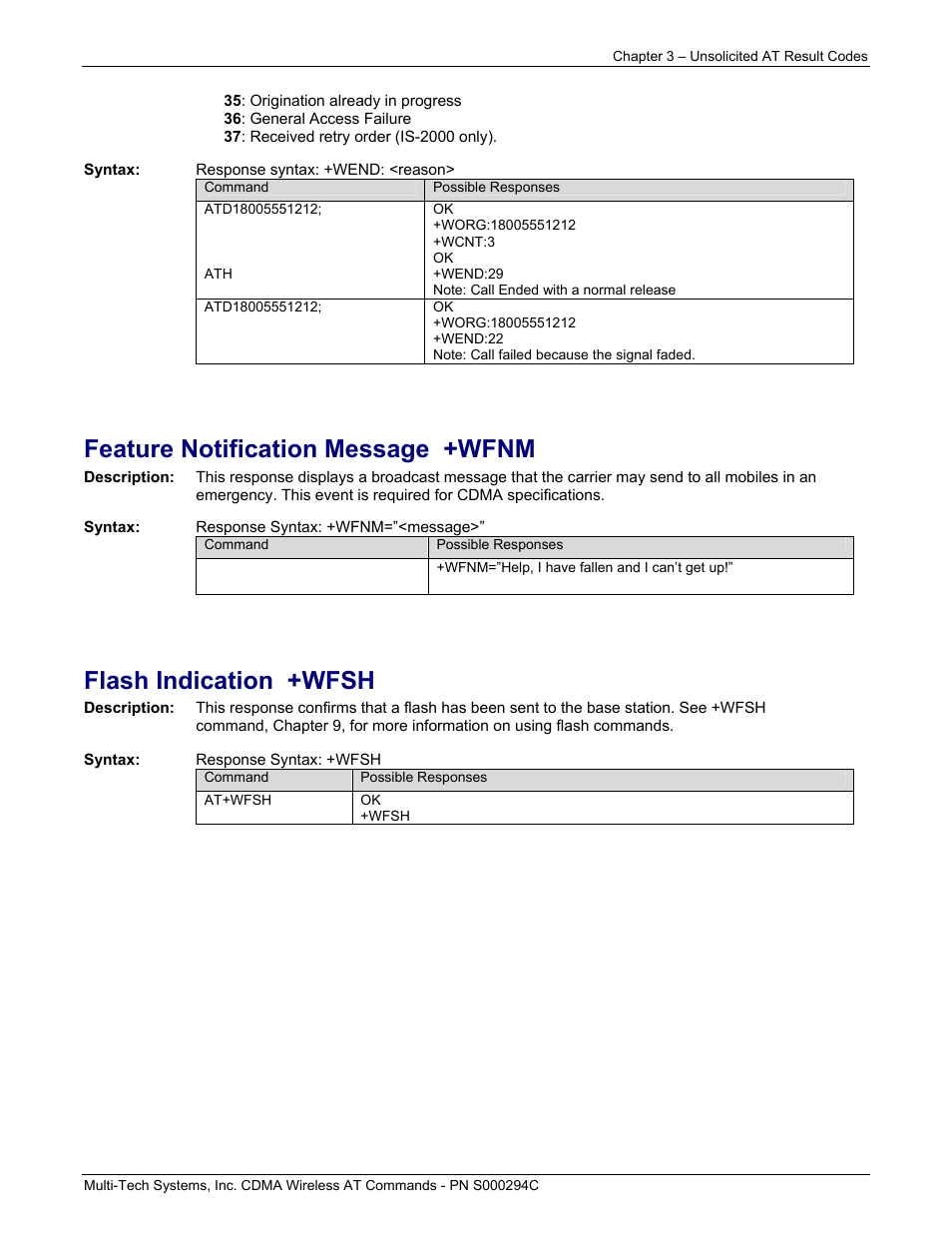 Feature notification message +wfnm, Flash indication +wfsh | Multi-Tech Systems CDMA Wireless Modem User Manual | Page 21 / 195