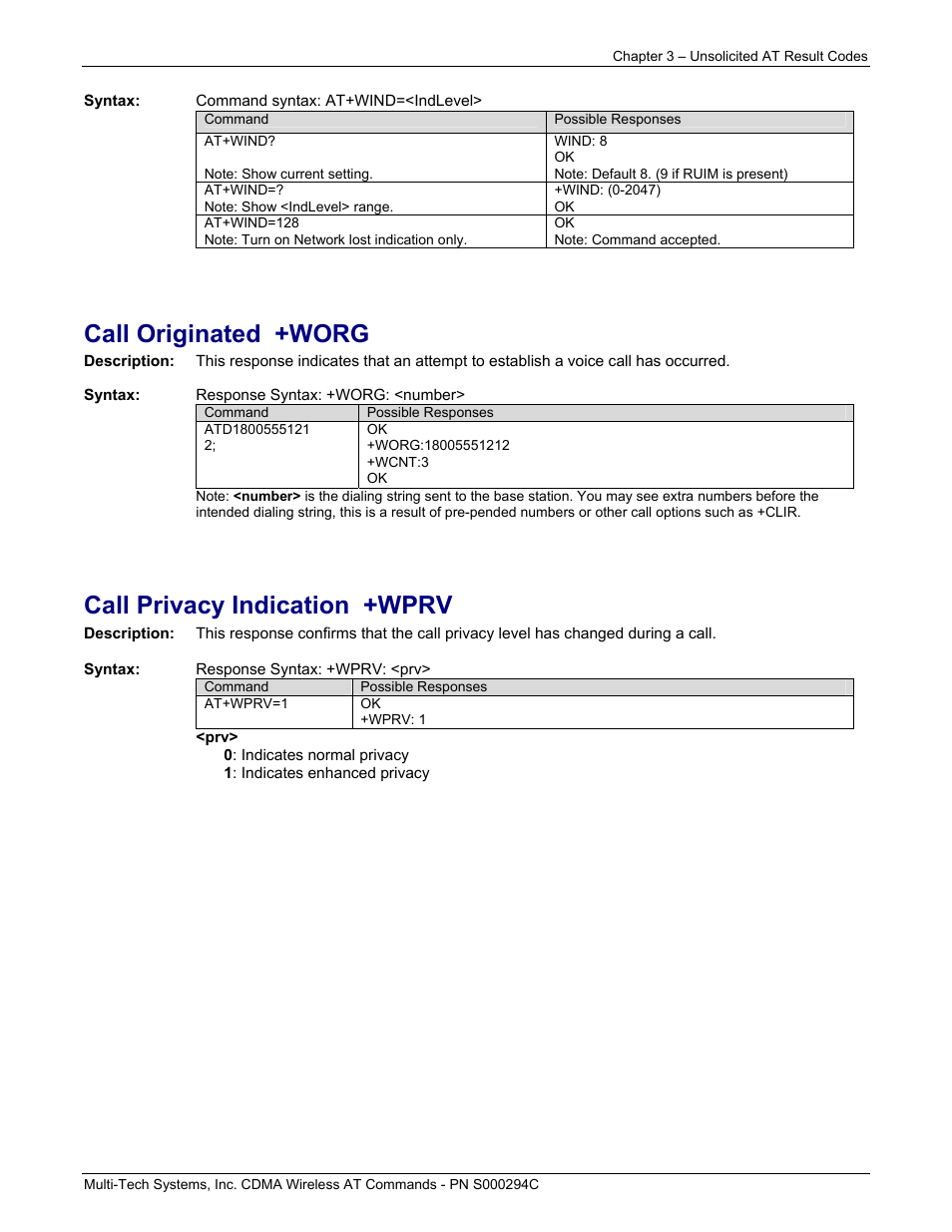 Call originated +worg, Call privacy indication +wprv | Multi-Tech Systems CDMA Wireless Modem User Manual | Page 23 / 195