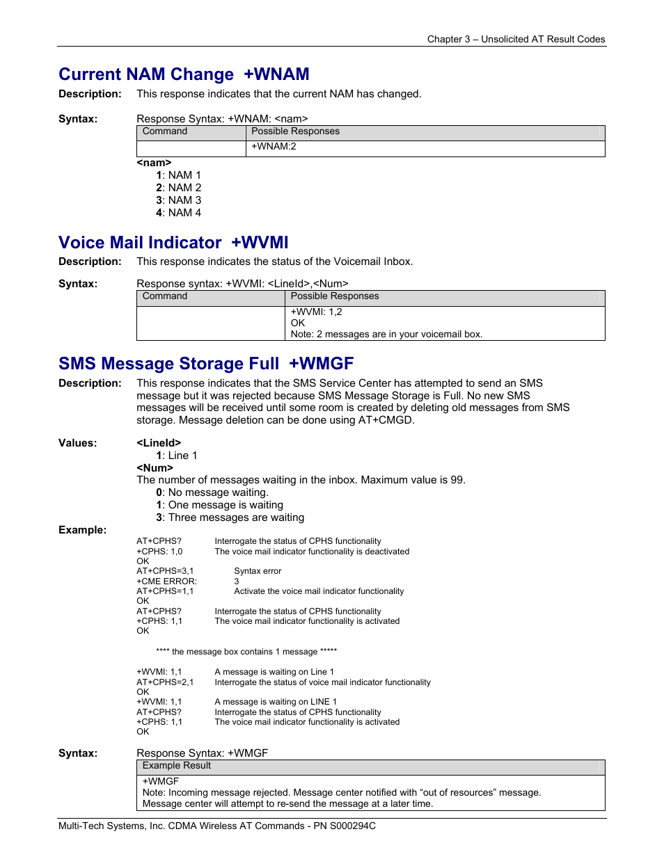 Current nam change +wnam, Voice mail indicator +wvmi, Sms message storage full +wmgf | Multi-Tech Systems CDMA Wireless Modem User Manual | Page 25 / 195