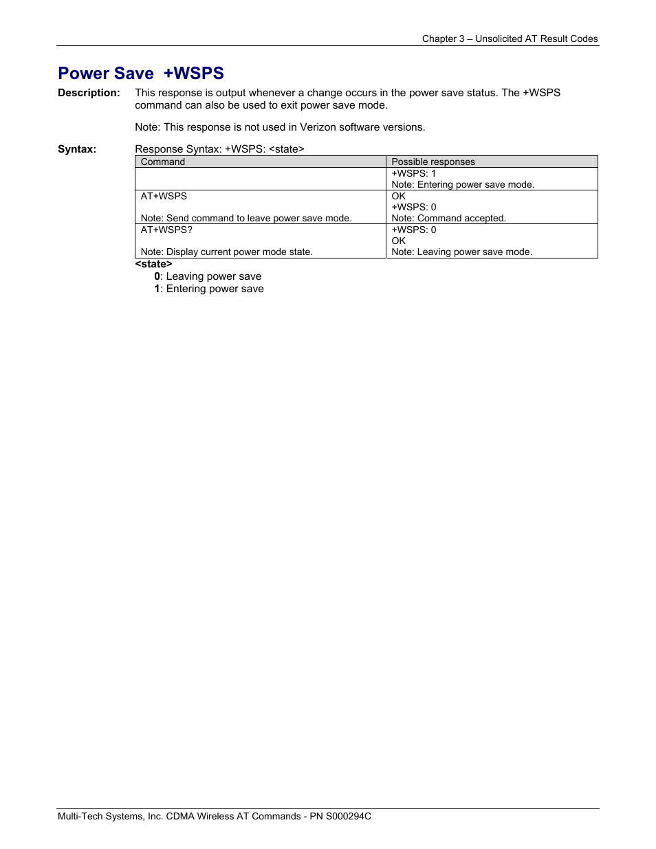 Power save +wsps | Multi-Tech Systems CDMA Wireless Modem User Manual | Page 26 / 195