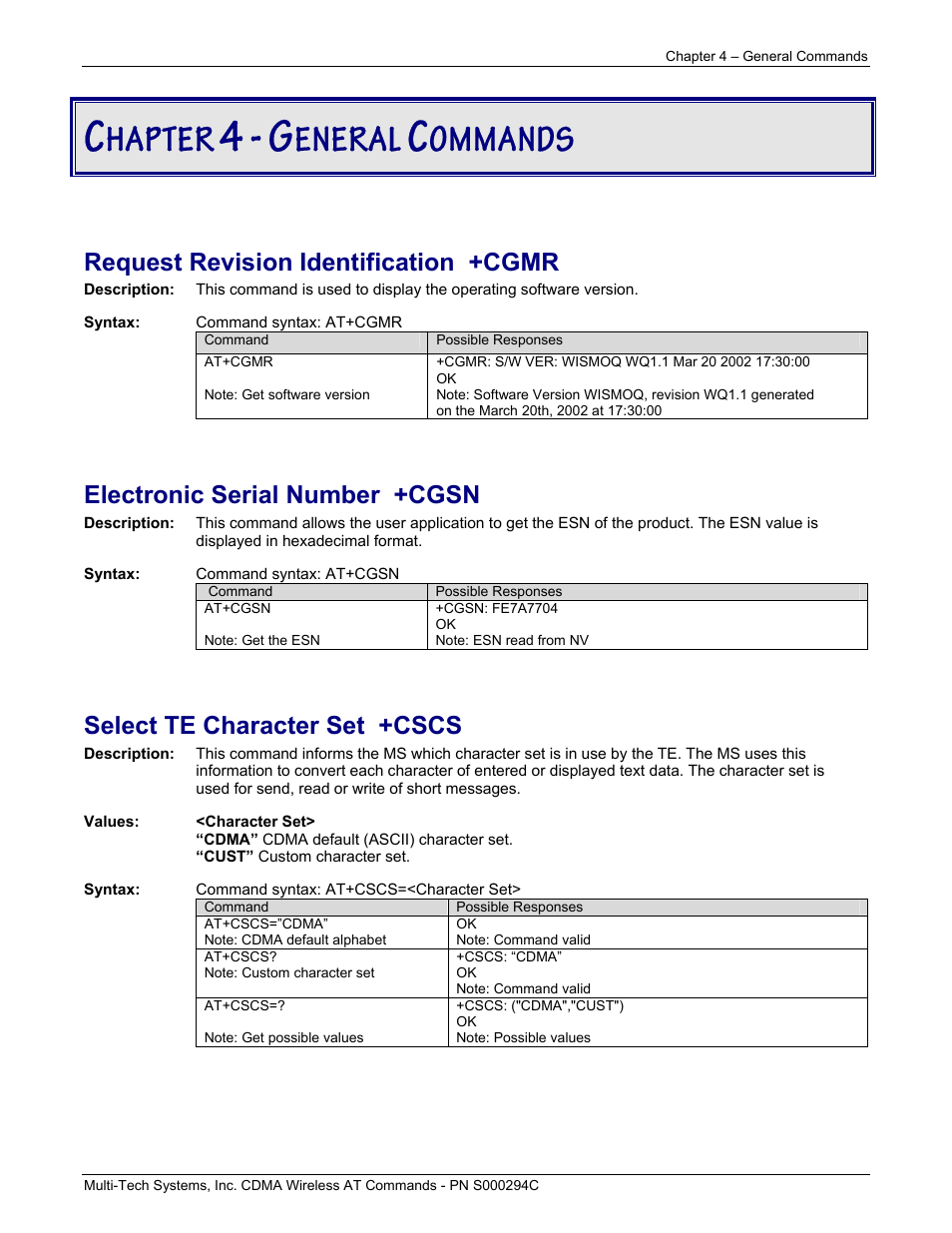 Hapter, Eneral, Ommands | Request revision identification +cgmr, Electronic serial number +cgsn, Select te character set +cscs | Multi-Tech Systems CDMA Wireless Modem User Manual | Page 27 / 195