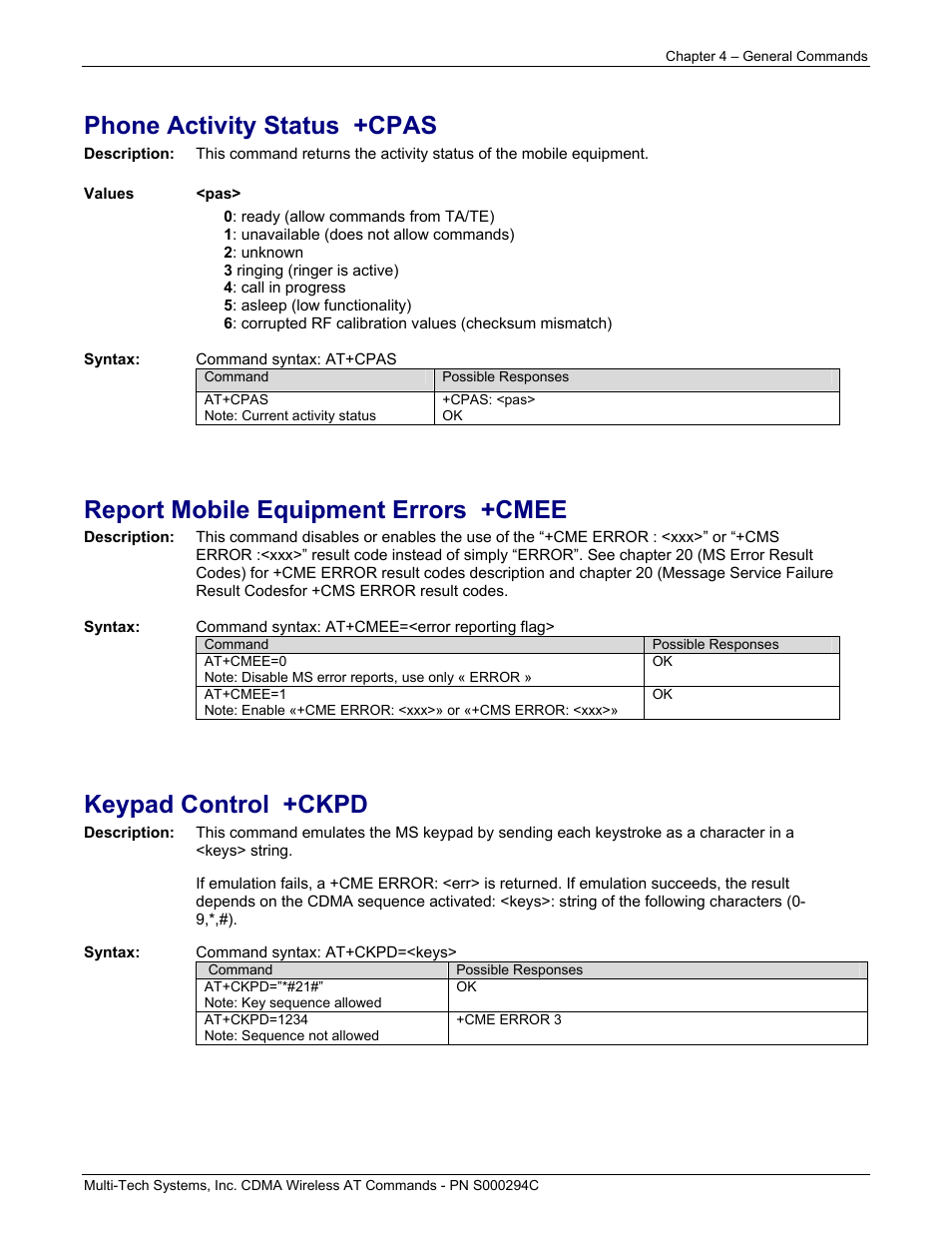 Phone activity status +cpas, Report mobile equipment errors +cmee, Keypad control +ckpd | Multi-Tech Systems CDMA Wireless Modem User Manual | Page 30 / 195