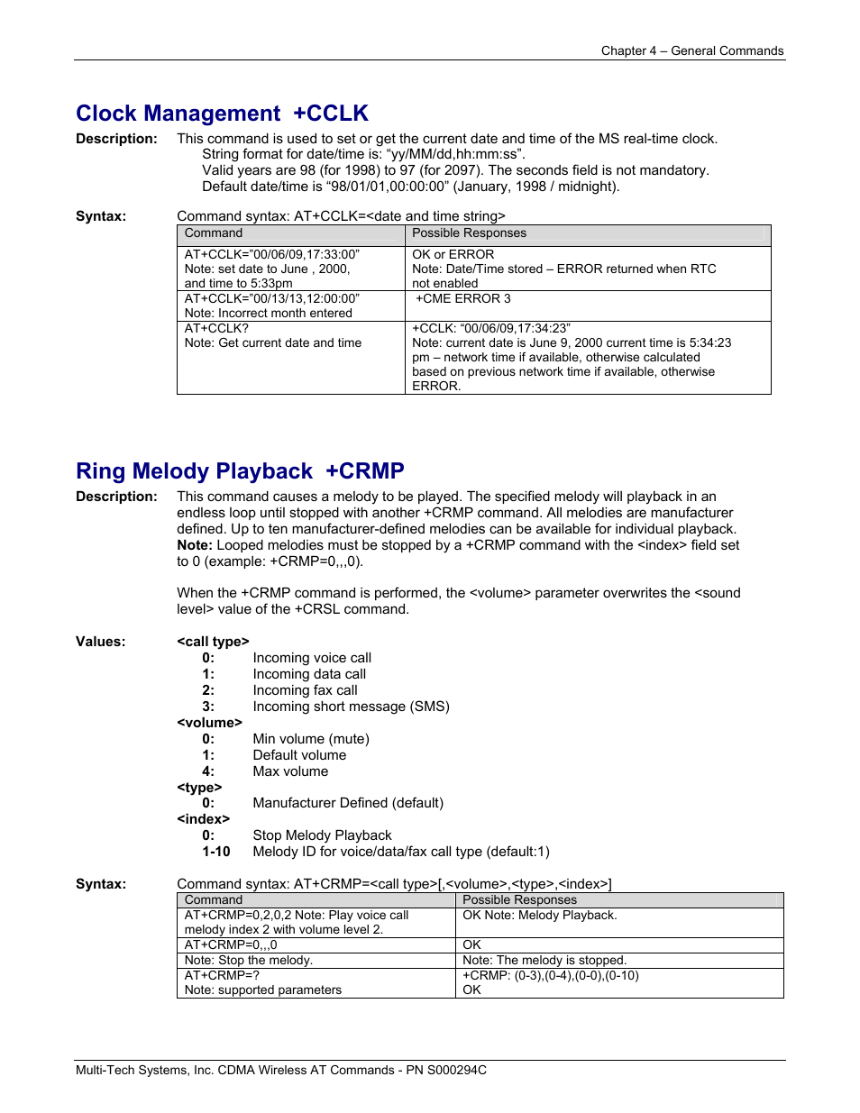 Clock management +cclk, Ring melody playback +crmp | Multi-Tech Systems CDMA Wireless Modem User Manual | Page 31 / 195