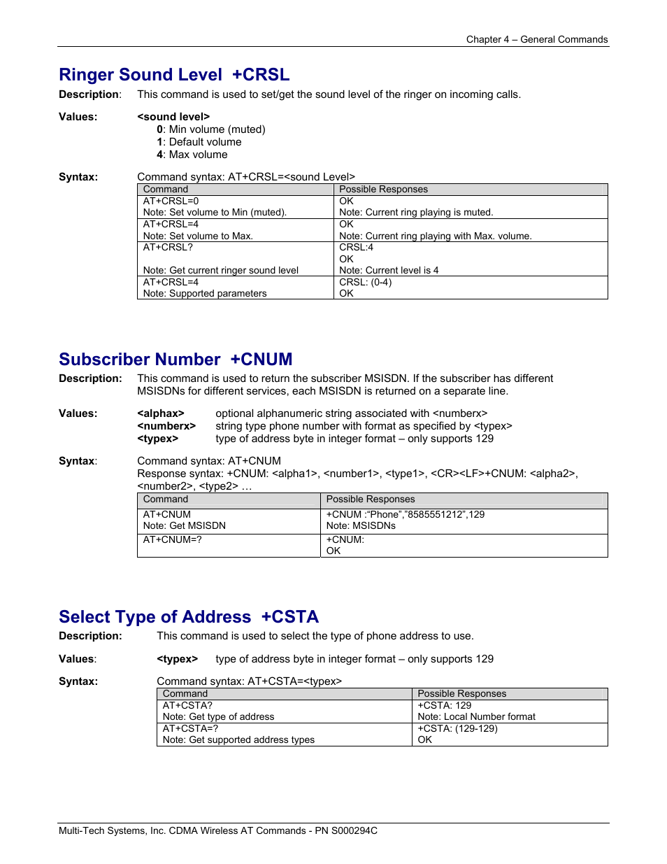 Ringer sound level +crsl, Subscriber number +cnum, Select type of address +csta | Multi-Tech Systems CDMA Wireless Modem User Manual | Page 32 / 195